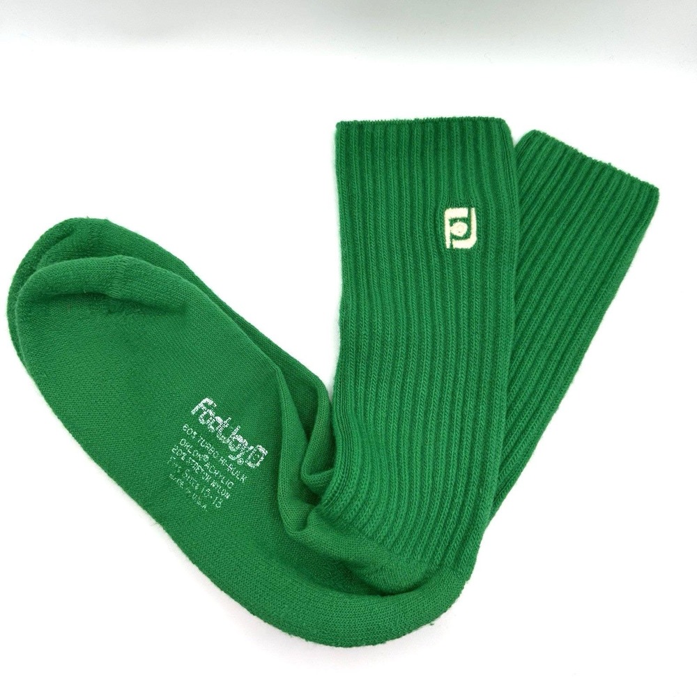 VTG FootJoy Green Ribbed Crew Socks USA Made‎ White FJ Logo Turbo Hi-Bulk 15"